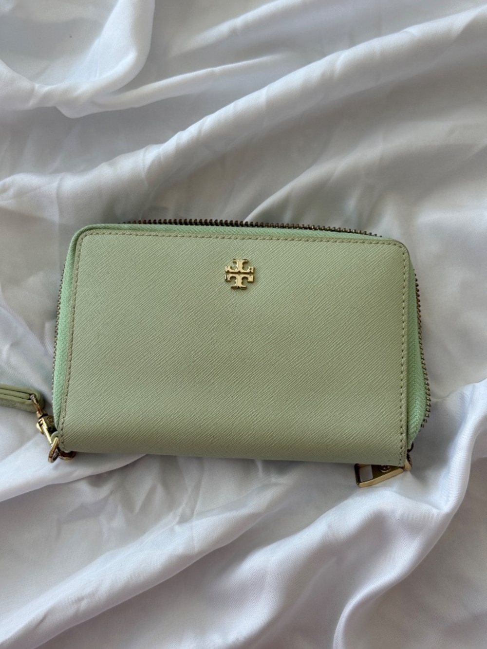 Tory Burch Mint Green Saffiano Leather Zip Around Wristlet Wallet